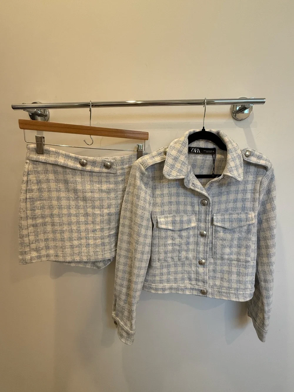 Zara Light Blue and Cream Tweed Jacket & Mini Skirt Set